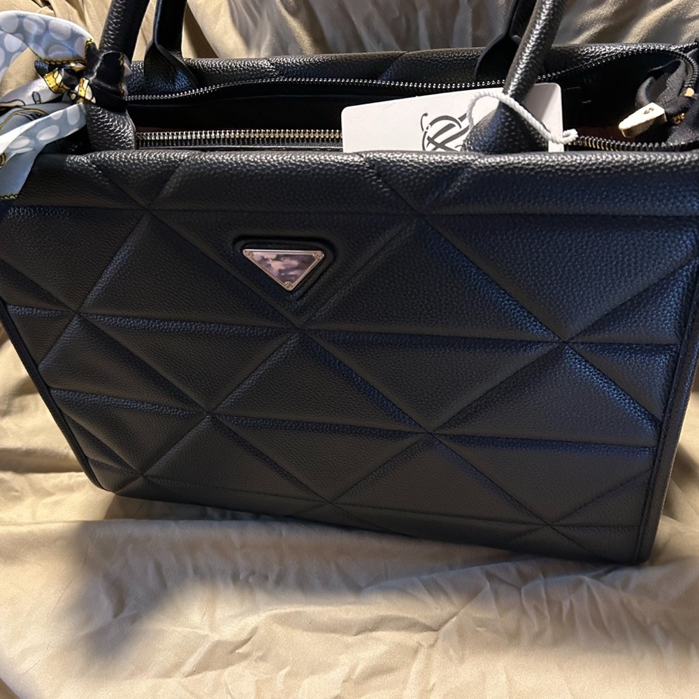 Black Pebble-Vegan Leather Quilted Satchel with Metallic Accents